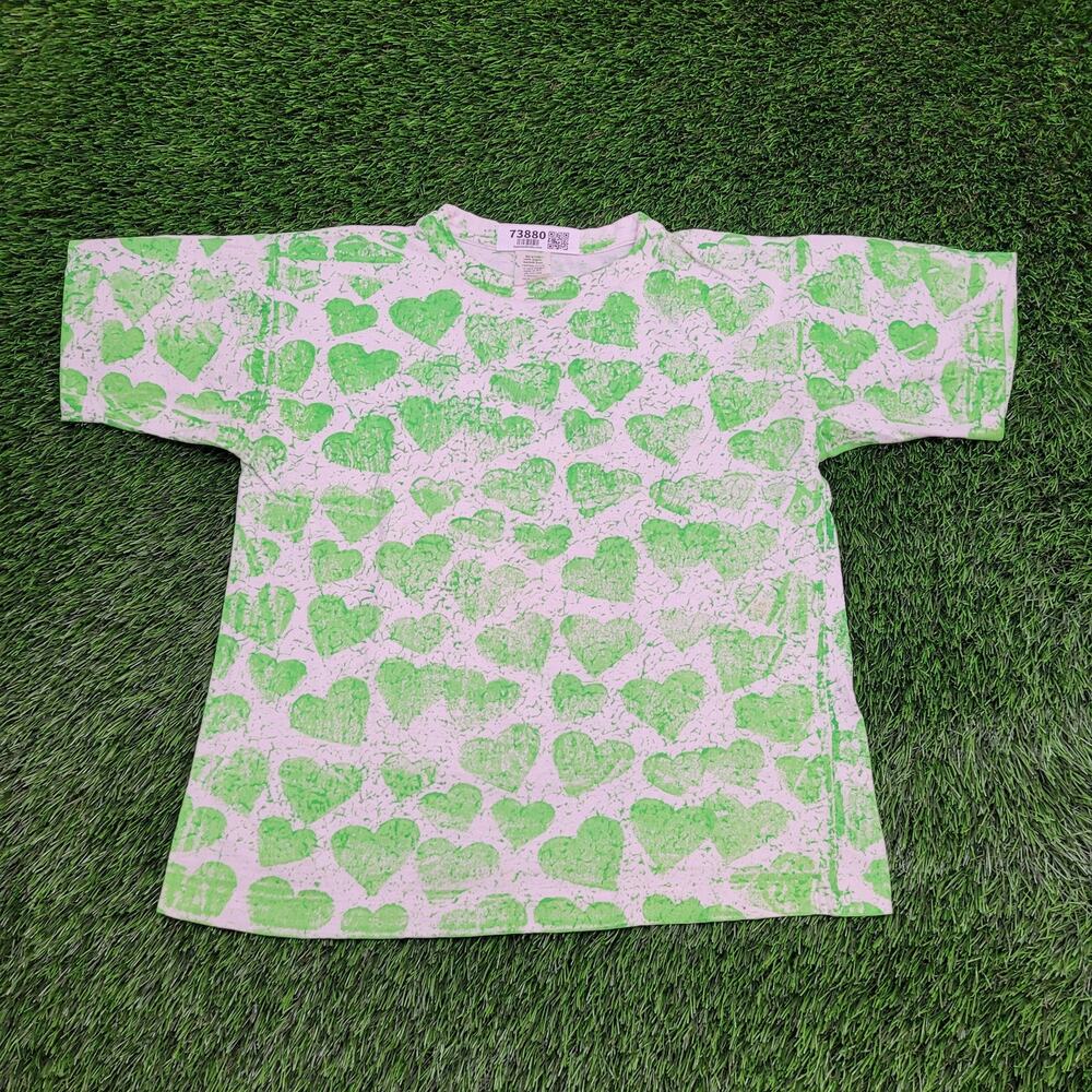 Vintage Heart Shirt Womens Large 20x23 Green AOP Y2K